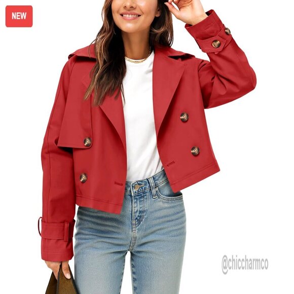 Jackets & Blazers - Cropped Trench Coat Double Breasted Lapel Jacket Casual Outerwear